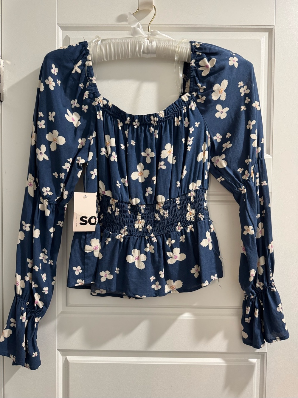 SO Navy Floral Smocked Peplum Long-Sleeve Top